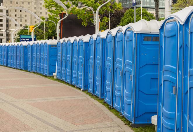 colorful portable restrooms available for rent at a local fair or carnival in Riceboro